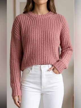 American Eagle Outfitters Knit Cropped Soft Pink Crew Neck Sweater Size Large